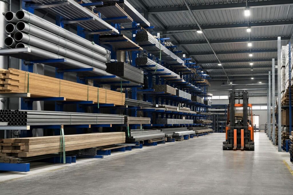 Hurtownia budowlana z regałami wspornikowymi i długim materiałem składowanym w uporządkowanych sekcjach